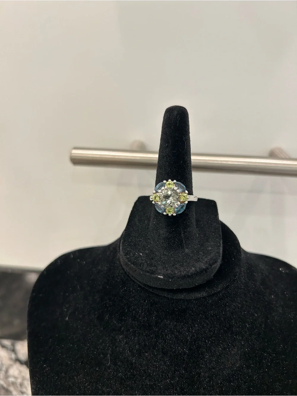 Silver Tone Multi-Stone Floral Cocktail Ring - Green & Blue